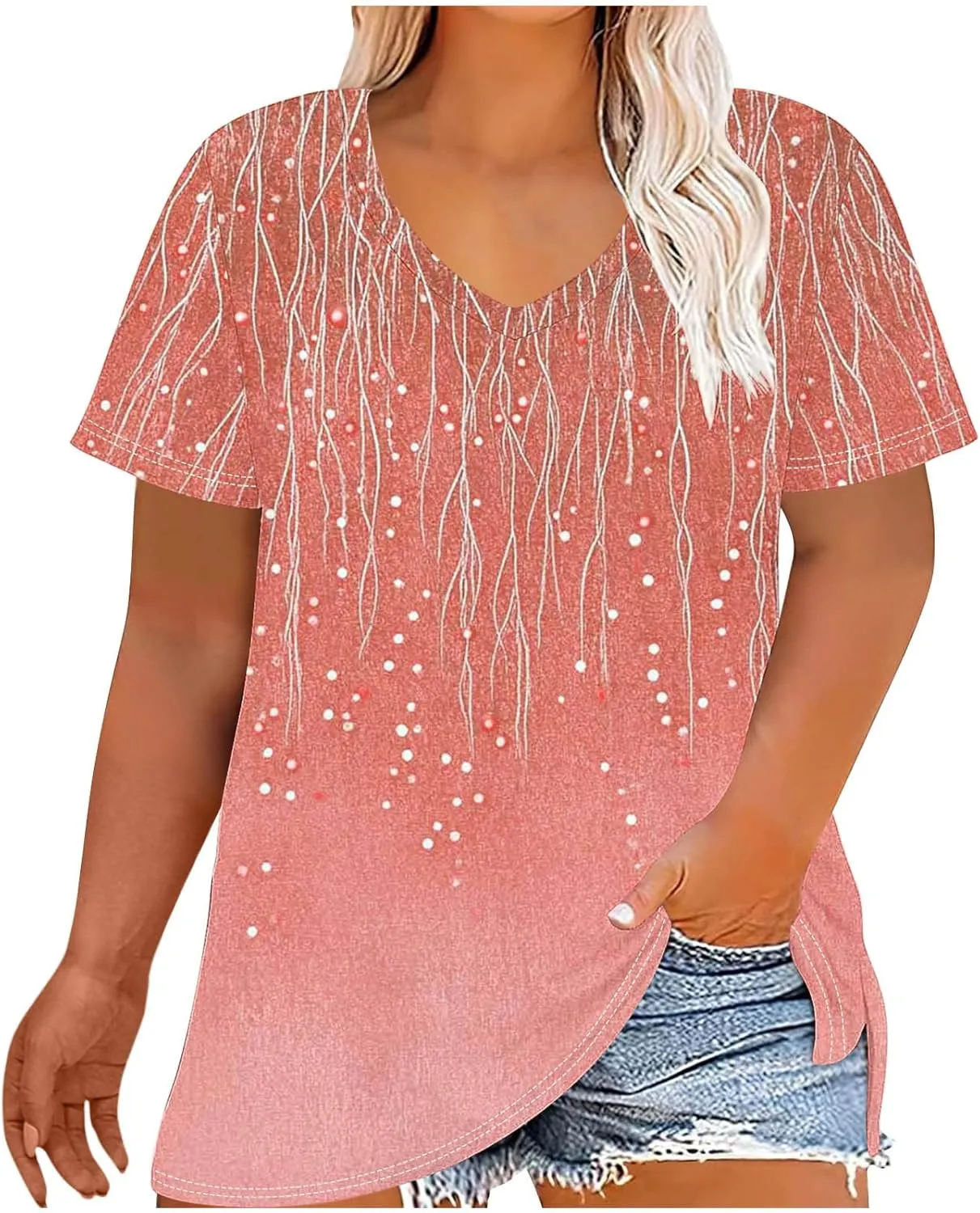 Womens Plus Size Tops Short Sleeve Tunic V-Neck Shirts Summer Casual Loose Blouse 3D Graphic Tees Tops