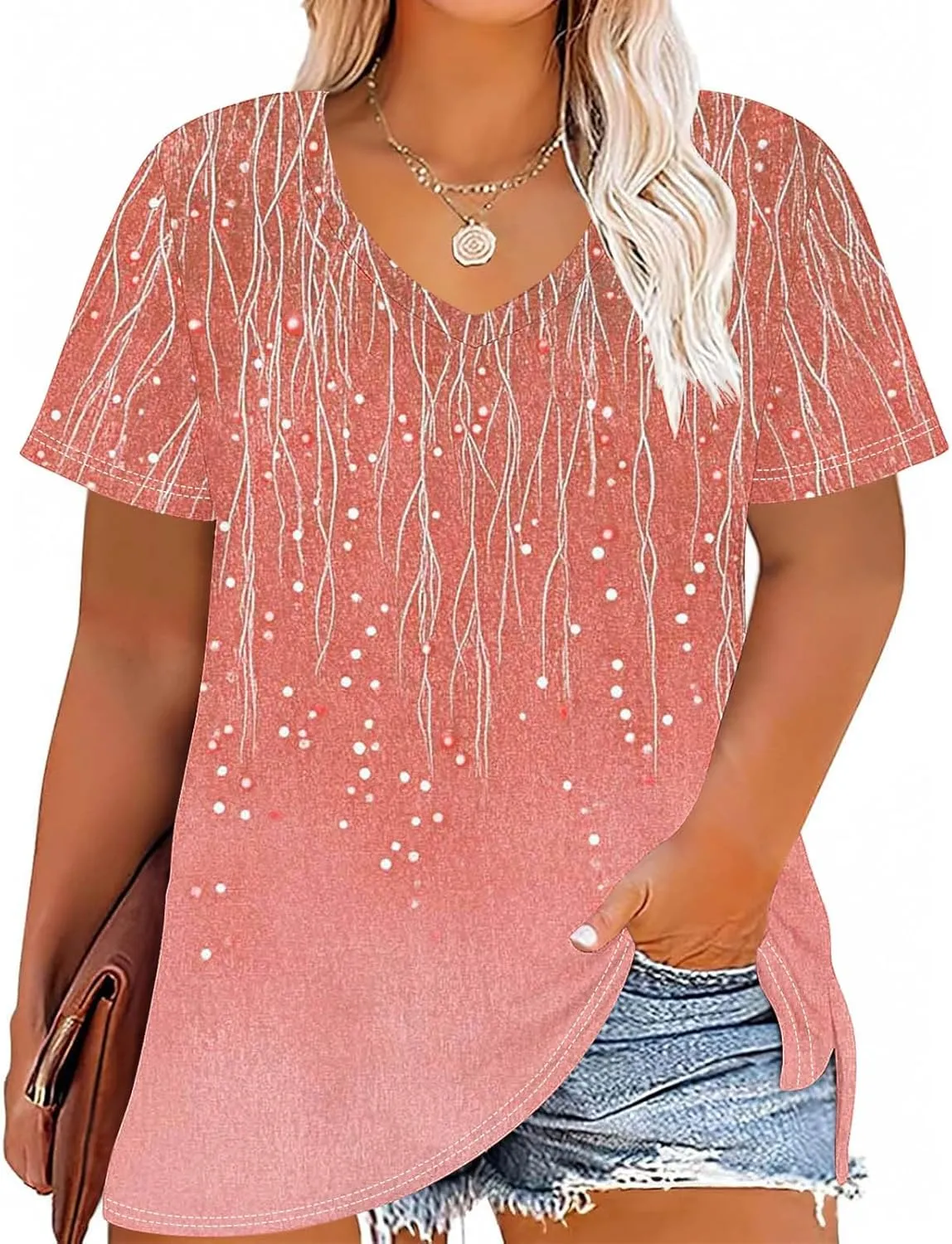 Womens Plus Size Tops Short Sleeve Tunic V-Neck Shirts Summer Casual Loose Blouse 3D Graphic Tees Tops