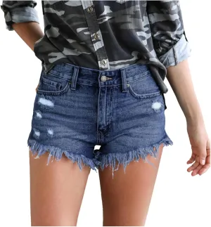 Women's Raw Hem Denim Shorts High Waisted Ripped Distressed Straight Leg Jean Shorts Summer Hot Pants with Pockets