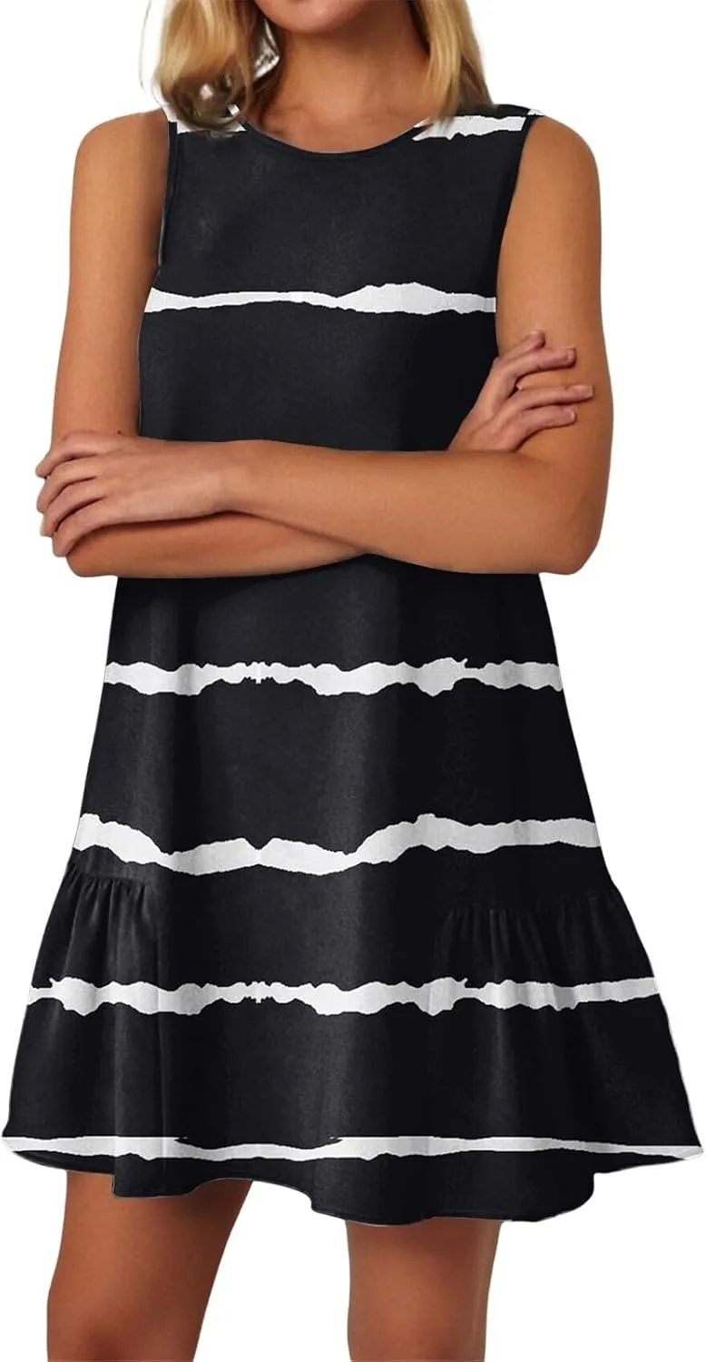 Women's Ruffle Hem Tank Dress Sleeveless Dress for Women Round Neck Casual Smock Summer Mini Dresses