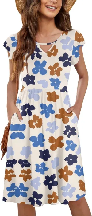 Women's Ruffle Sleeve Dresses for Women 2025 Pleated Loose Swing Knee Length Dress with Pockets