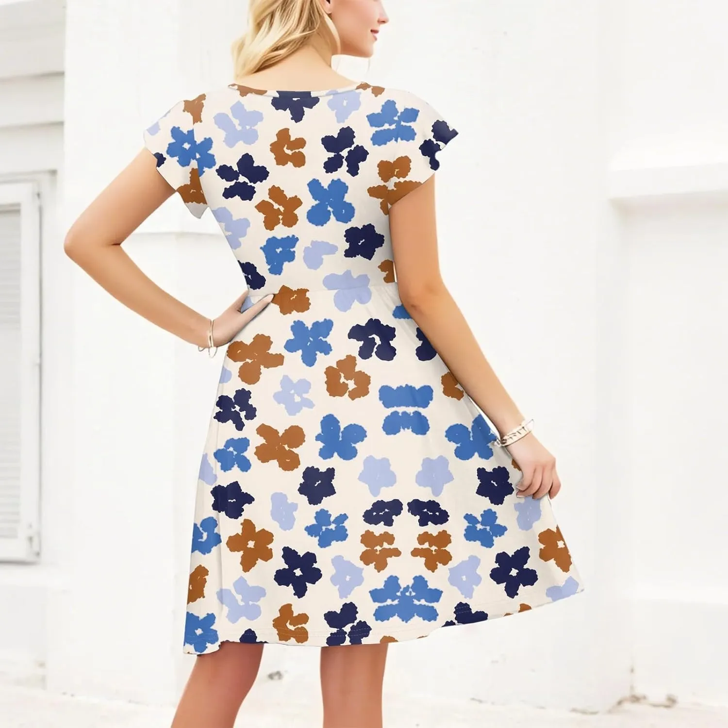 Women's Ruffle Sleeve Dresses for Women 2025 Pleated Loose Swing Knee Length Dress with Pockets