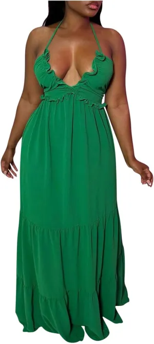 Womens Sexy Maxi Dresses 2024 Summer Spaghetti Strap Deep V Neck Dress Loose Ruffle Tie Back Tiered Beach Long Dress
