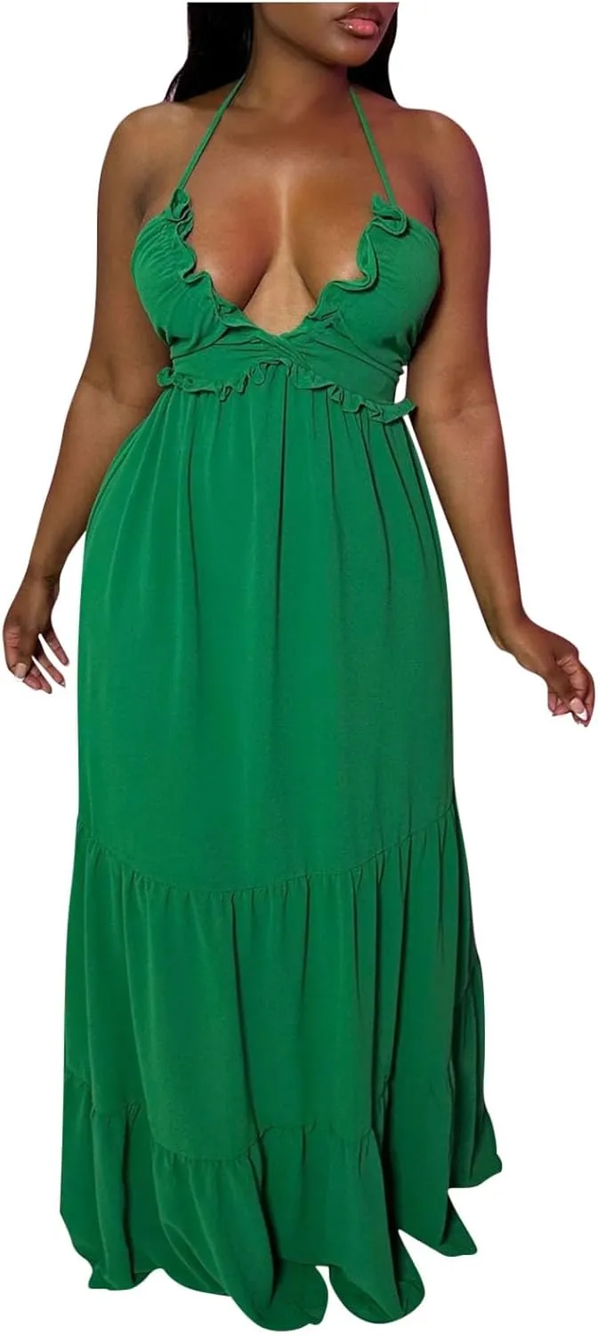 Womens Sexy Maxi Dresses 2024 Summer Spaghetti Strap Deep V Neck Dress Loose Ruffle Tie Back Tiered Beach Long Dress