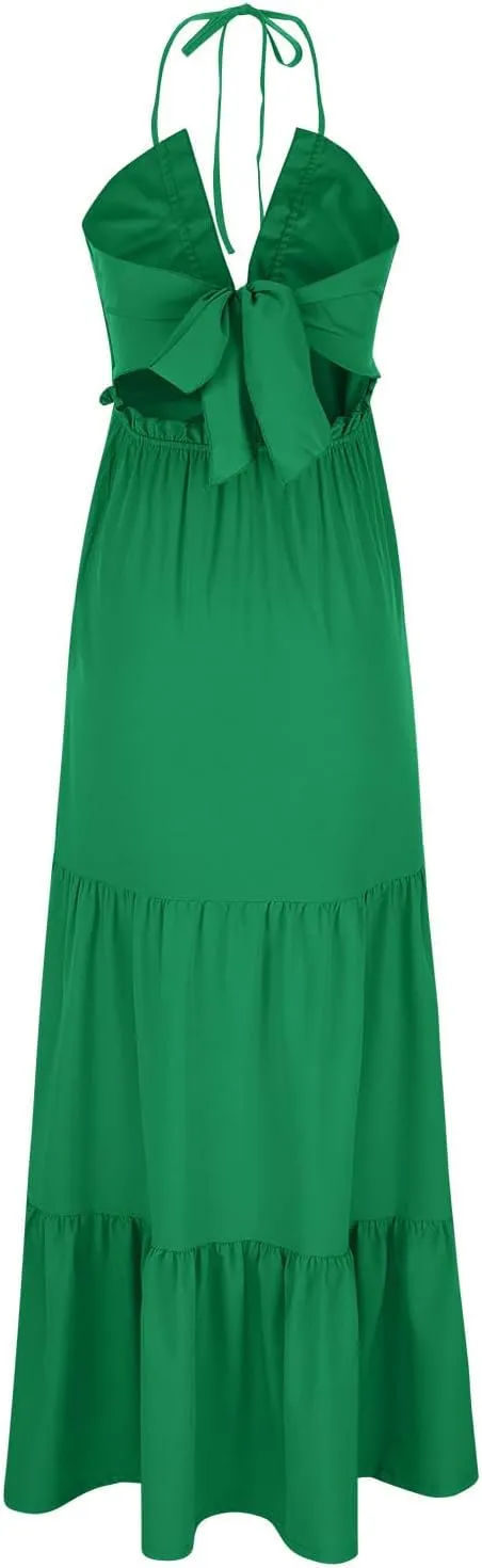 Womens Sexy Maxi Dresses 2024 Summer Spaghetti Strap Deep V Neck Dress Loose Ruffle Tie Back Tiered Beach Long Dress