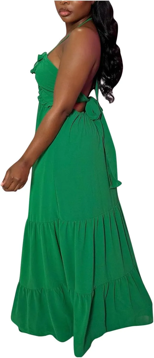 Womens Sexy Maxi Dresses 2024 Summer Spaghetti Strap Deep V Neck Dress Loose Ruffle Tie Back Tiered Beach Long Dress