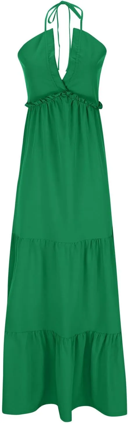 Womens Sexy Maxi Dresses 2024 Summer Spaghetti Strap Deep V Neck Dress Loose Ruffle Tie Back Tiered Beach Long Dress