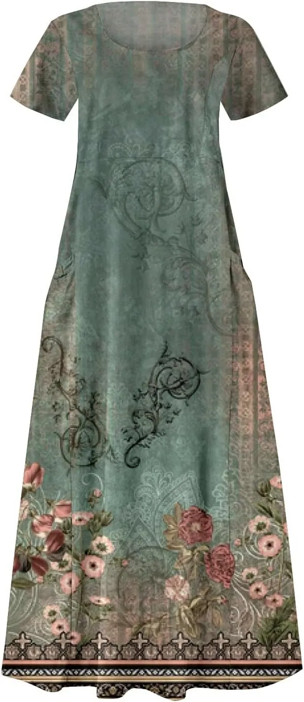 Womens Short Sleeve Boho Mini Dress Plus Size Casual Loose Fit Summer Sundress Floral Printed Dress with Pockets