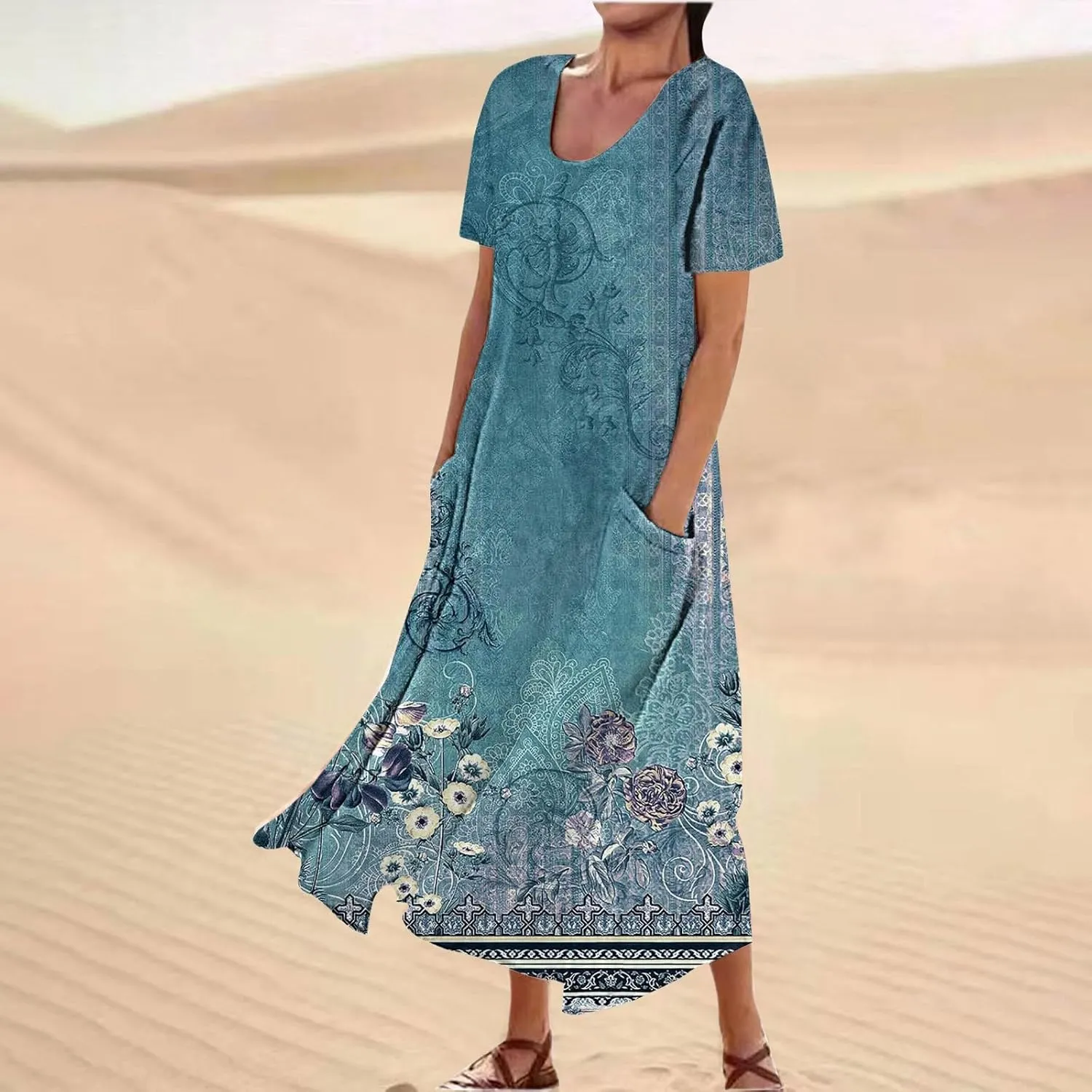 Womens Short Sleeve Boho Mini Dress Plus Size Casual Loose Fit Summer Sundress Floral Printed Dress with Pockets