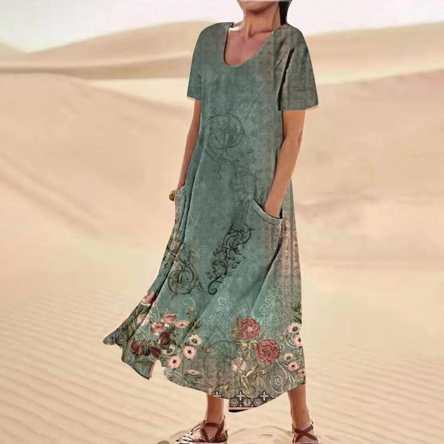 Womens Short Sleeve Boho Mini Dress Plus Size Casual Loose Fit Summer Sundress Floral Printed Dress with Pockets