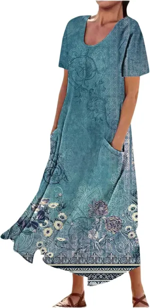 Womens Short Sleeve Boho Mini Dress Plus Size Casual Loose Fit Summer Sundress Floral Printed Dress with Pockets