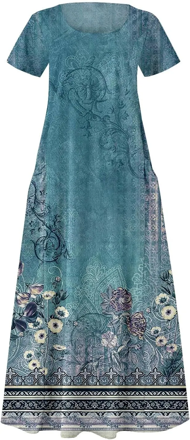 Womens Short Sleeve Boho Mini Dress Plus Size Casual Loose Fit Summer Sundress Floral Printed Dress with Pockets
