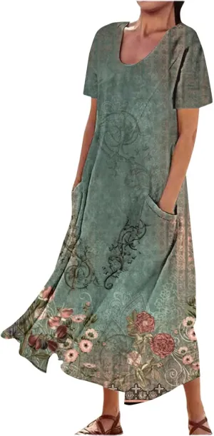 Womens Short Sleeve Boho Mini Dress Plus Size Casual Loose Fit Summer Sundress Floral Printed Dress with Pockets