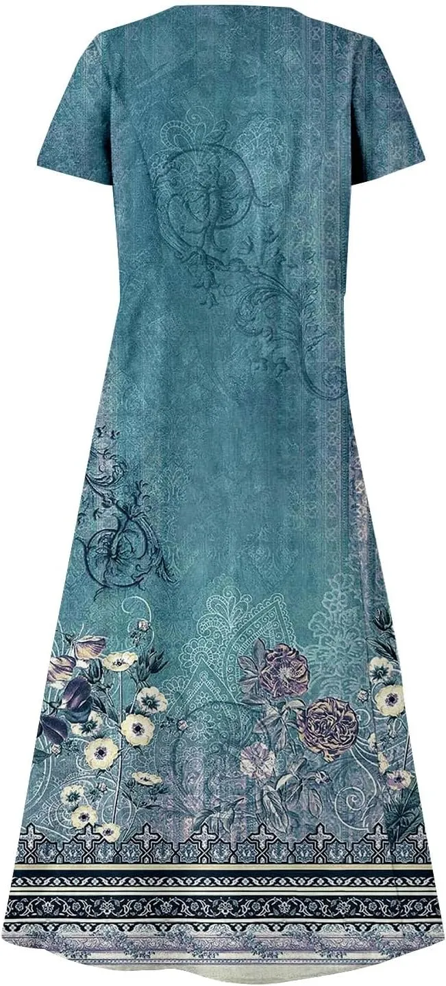 Womens Short Sleeve Boho Mini Dress Plus Size Casual Loose Fit Summer Sundress Floral Printed Dress with Pockets