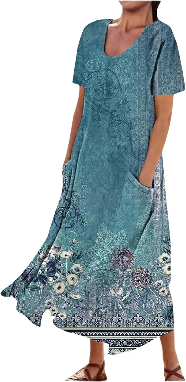Womens Short Sleeve Boho Mini Dress Plus Size Casual Loose Fit Summer Sundress Floral Printed Dress with Pockets
