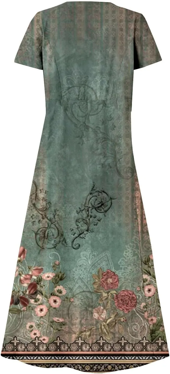 Womens Short Sleeve Boho Mini Dress Plus Size Casual Loose Fit Summer Sundress Floral Printed Dress with Pockets