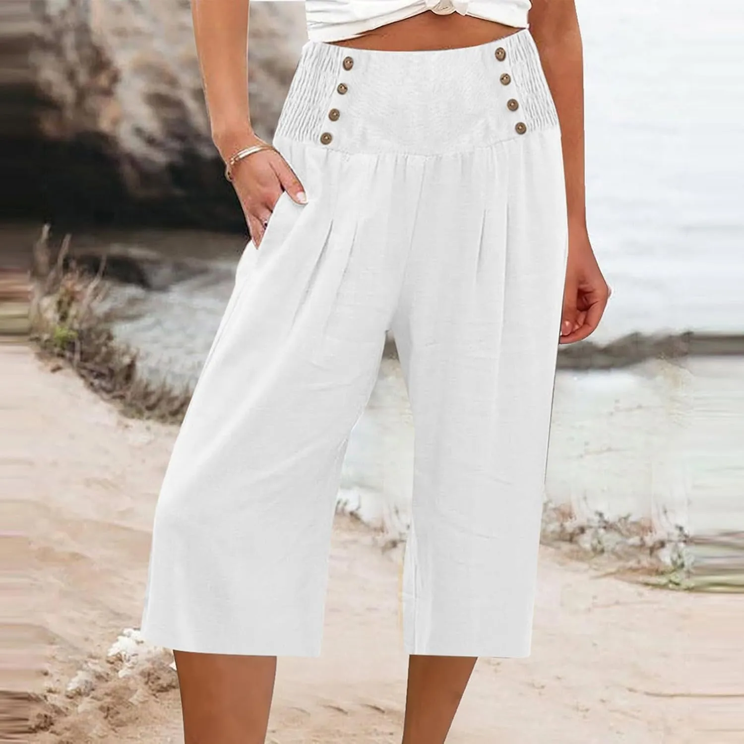 Womens Shorts Cotton Linen Shorts Capri Elastic Waist Linen Shorts Baggy Capri Pant Casual Beach Shorts with Pocket