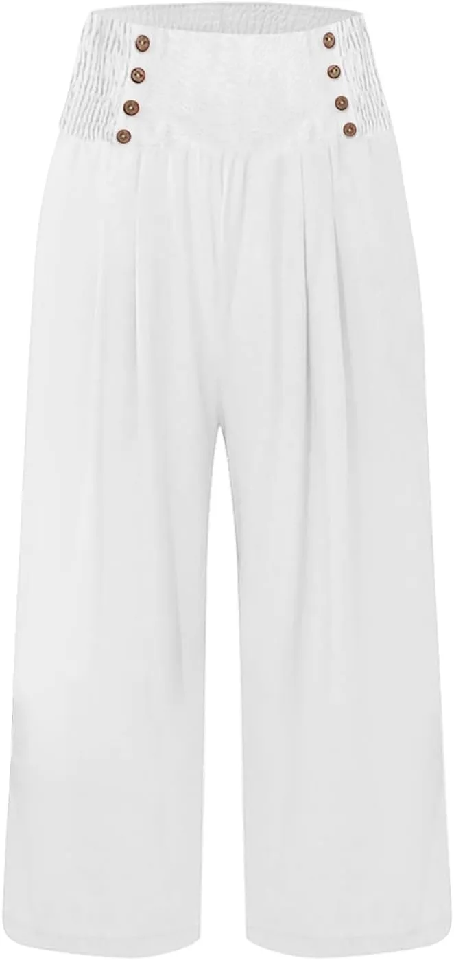Womens Shorts Cotton Linen Shorts Capri Elastic Waist Linen Shorts Baggy Capri Pant Casual Beach Shorts with Pocket