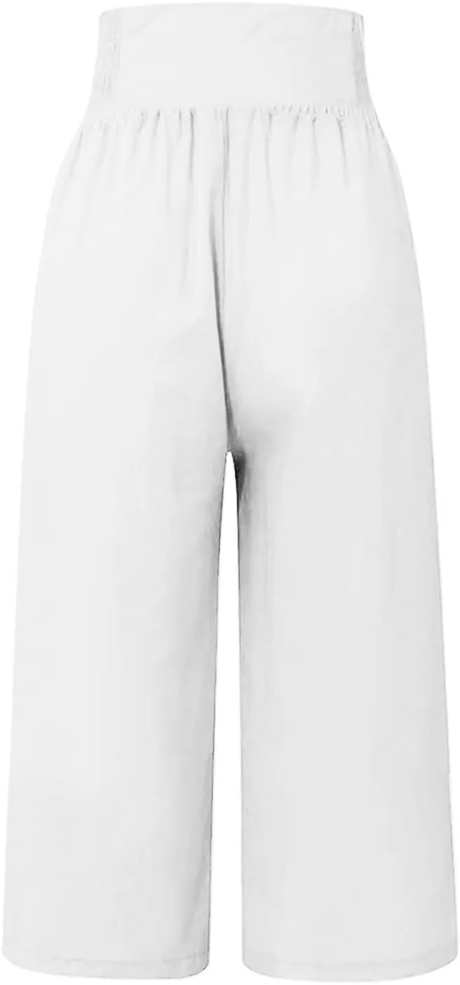 Womens Shorts Cotton Linen Shorts Capri Elastic Waist Linen Shorts Baggy Capri Pant Casual Beach Shorts with Pocket