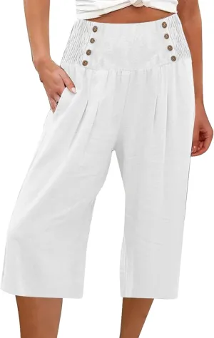 Womens Shorts Cotton Linen Shorts Capri Elastic Waist Linen Shorts Baggy Capri Pant Casual Beach Shorts with Pocket