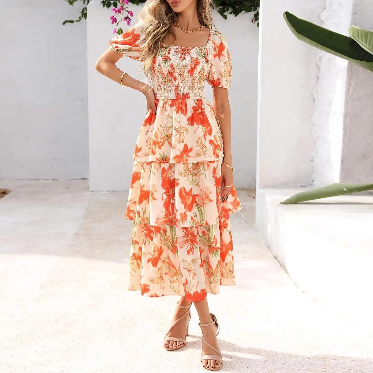 Womens Square Neck Smocked Dress Summer Puff Short Sleeve Floral Casual Ruffle Tiered Maxi Wedding Guest Dresses