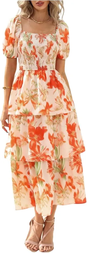 Womens Square Neck Smocked Dress Summer Puff Short Sleeve Floral Casual Ruffle Tiered Maxi Wedding Guest Dresses