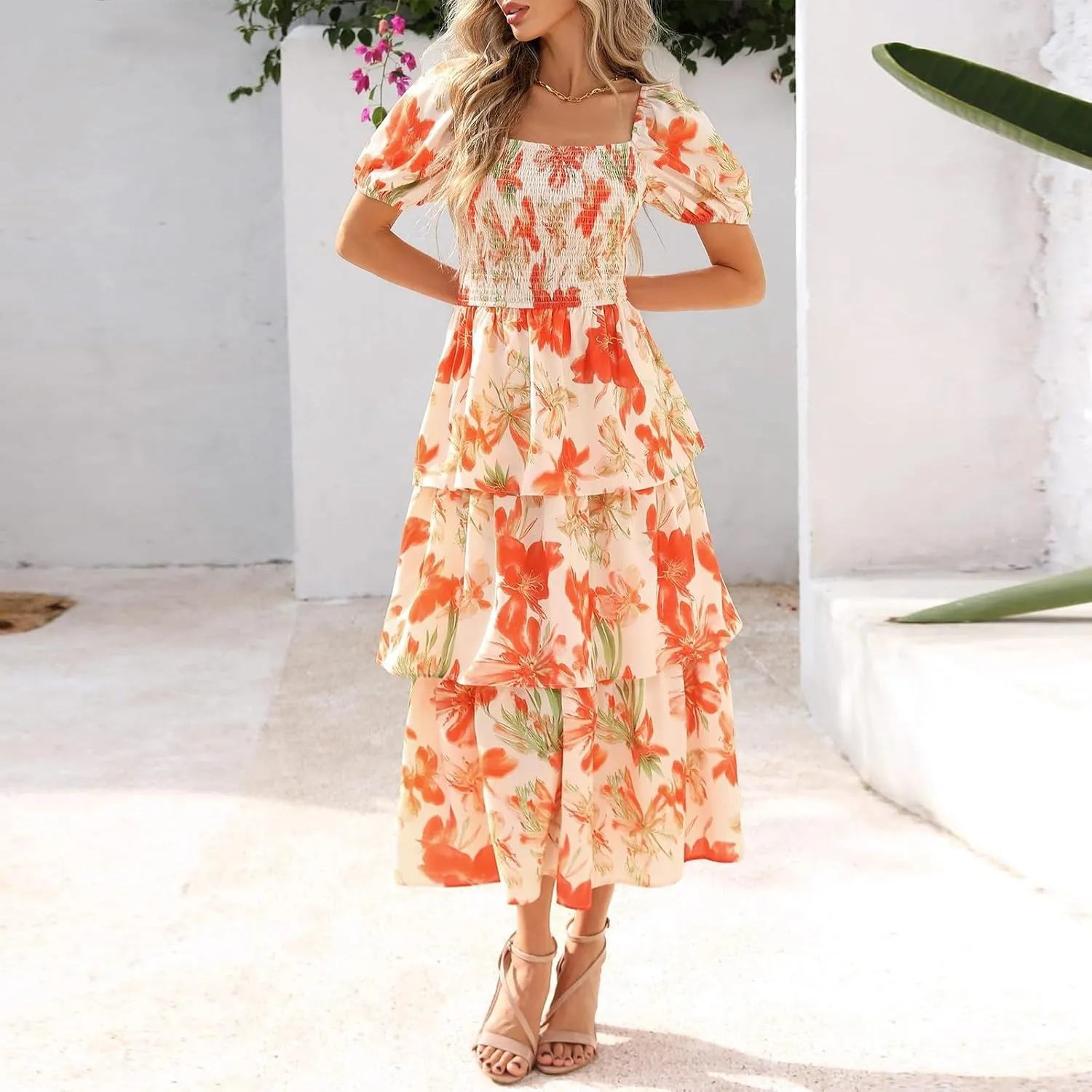 Womens Square Neck Smocked Dress Summer Puff Short Sleeve Floral Casual Ruffle Tiered Maxi Wedding Guest Dresses