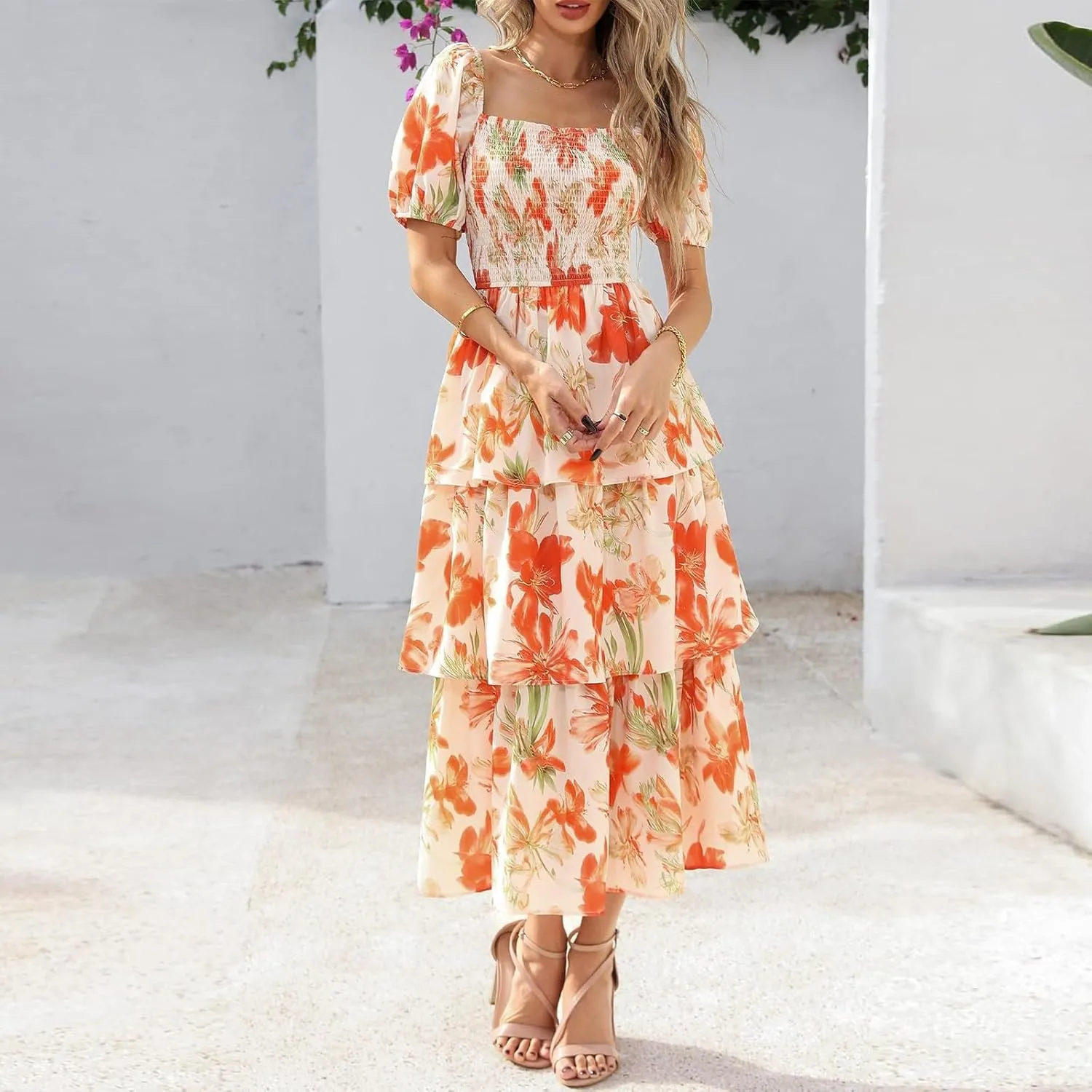 Womens Square Neck Smocked Dress Summer Puff Short Sleeve Floral Casual Ruffle Tiered Maxi Wedding Guest Dresses