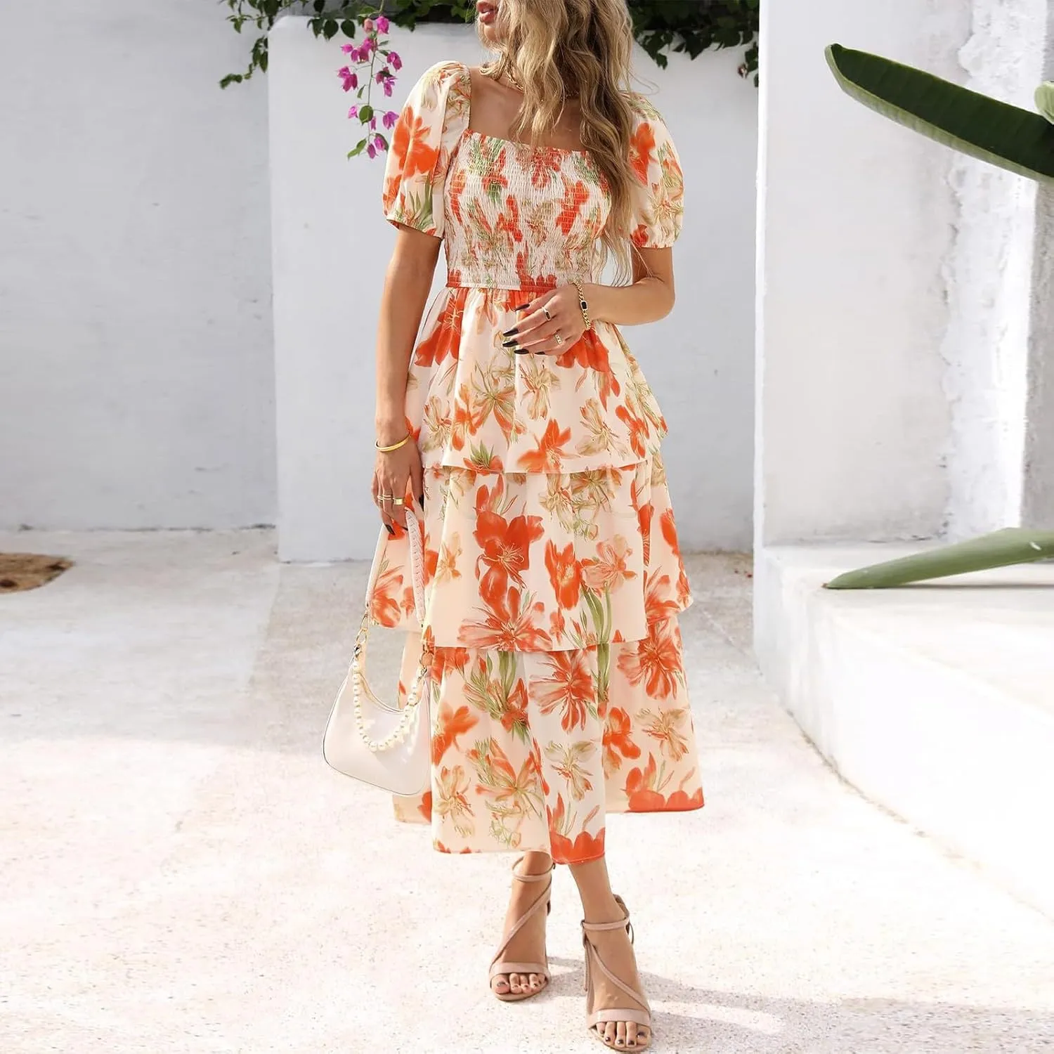 Womens Square Neck Smocked Dress Summer Puff Short Sleeve Floral Casual Ruffle Tiered Maxi Wedding Guest Dresses