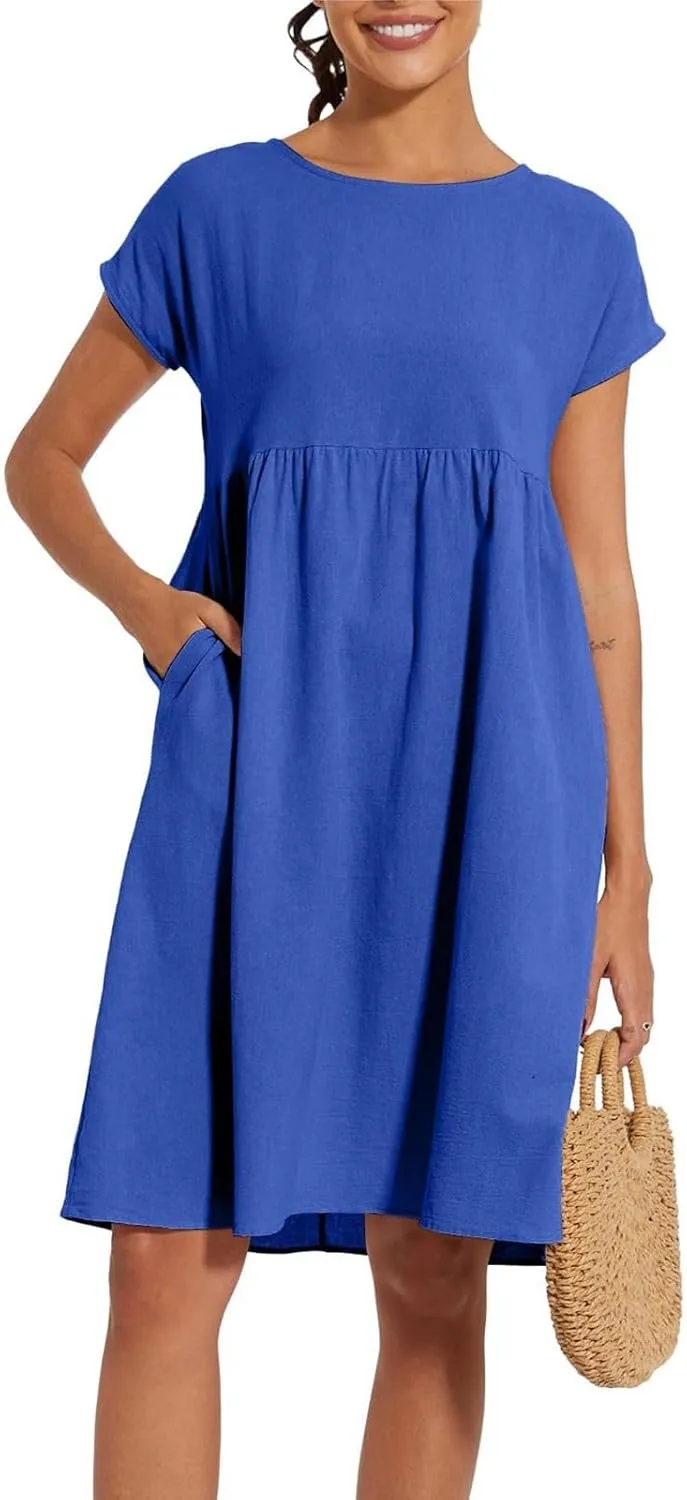 Women's Summer A-Line Dress Plus Size Crew Neck Casual Comfy Cotton Short Sleeve Dresses with Pockets Vacation Outfits