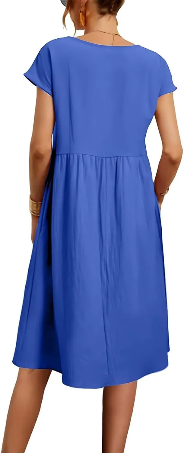 Women's Summer A-Line Dress Plus Size Crew Neck Casual Comfy Cotton Short Sleeve Dresses with Pockets Vacation Outfits