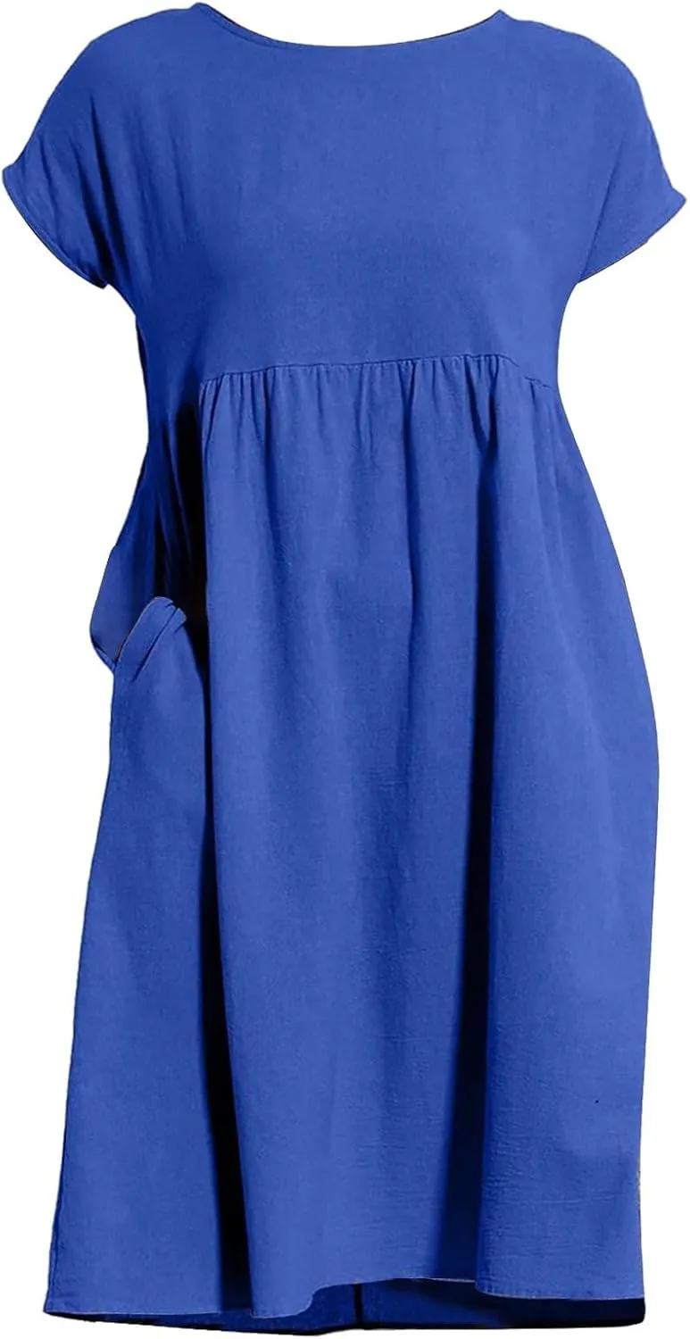 Women's Summer A-Line Dress Plus Size Crew Neck Casual Comfy Cotton Short Sleeve Dresses with Pockets Vacation Outfits