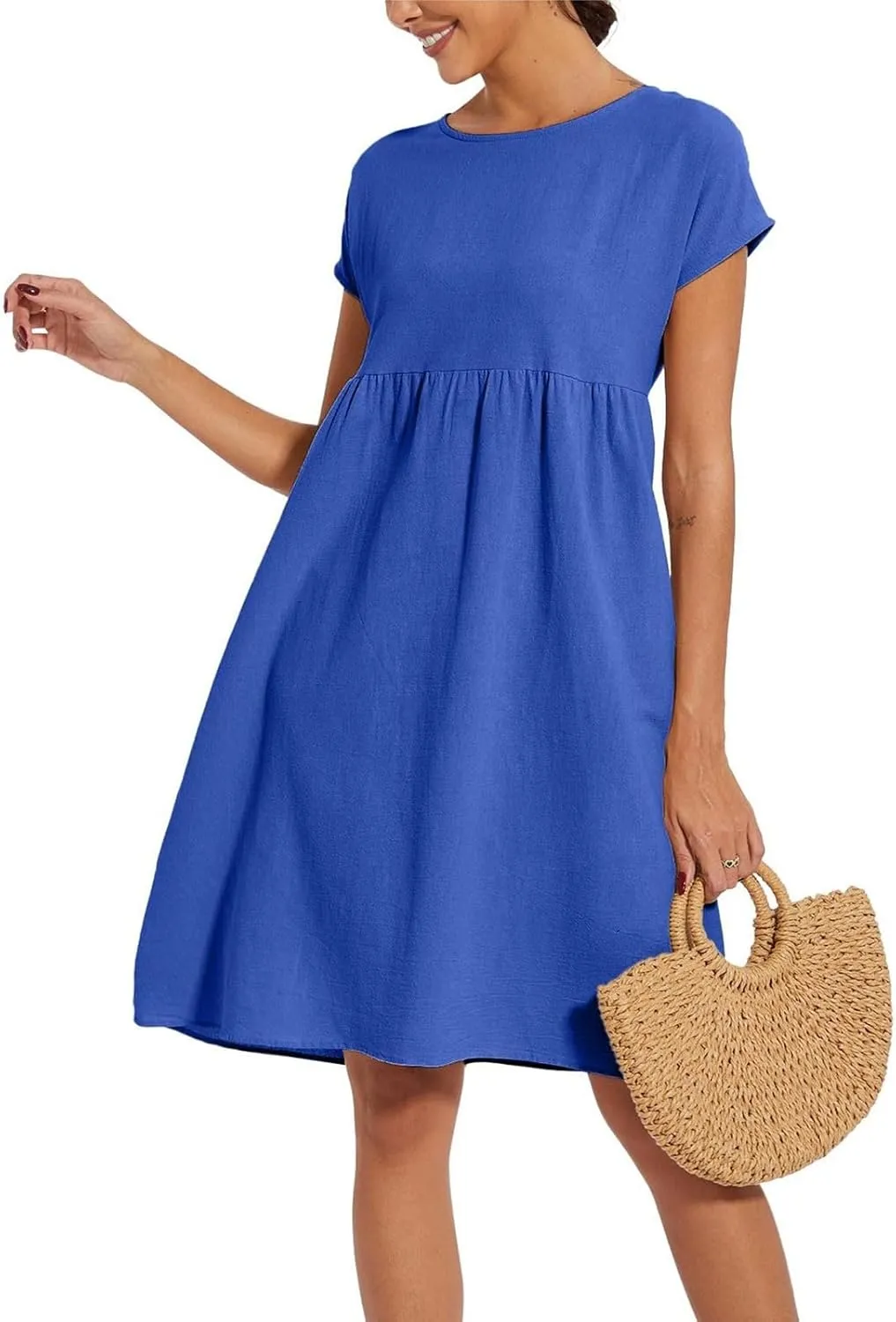 Women's Summer A-Line Dress Plus Size Crew Neck Casual Comfy Cotton Short Sleeve Dresses with Pockets Vacation Outfits