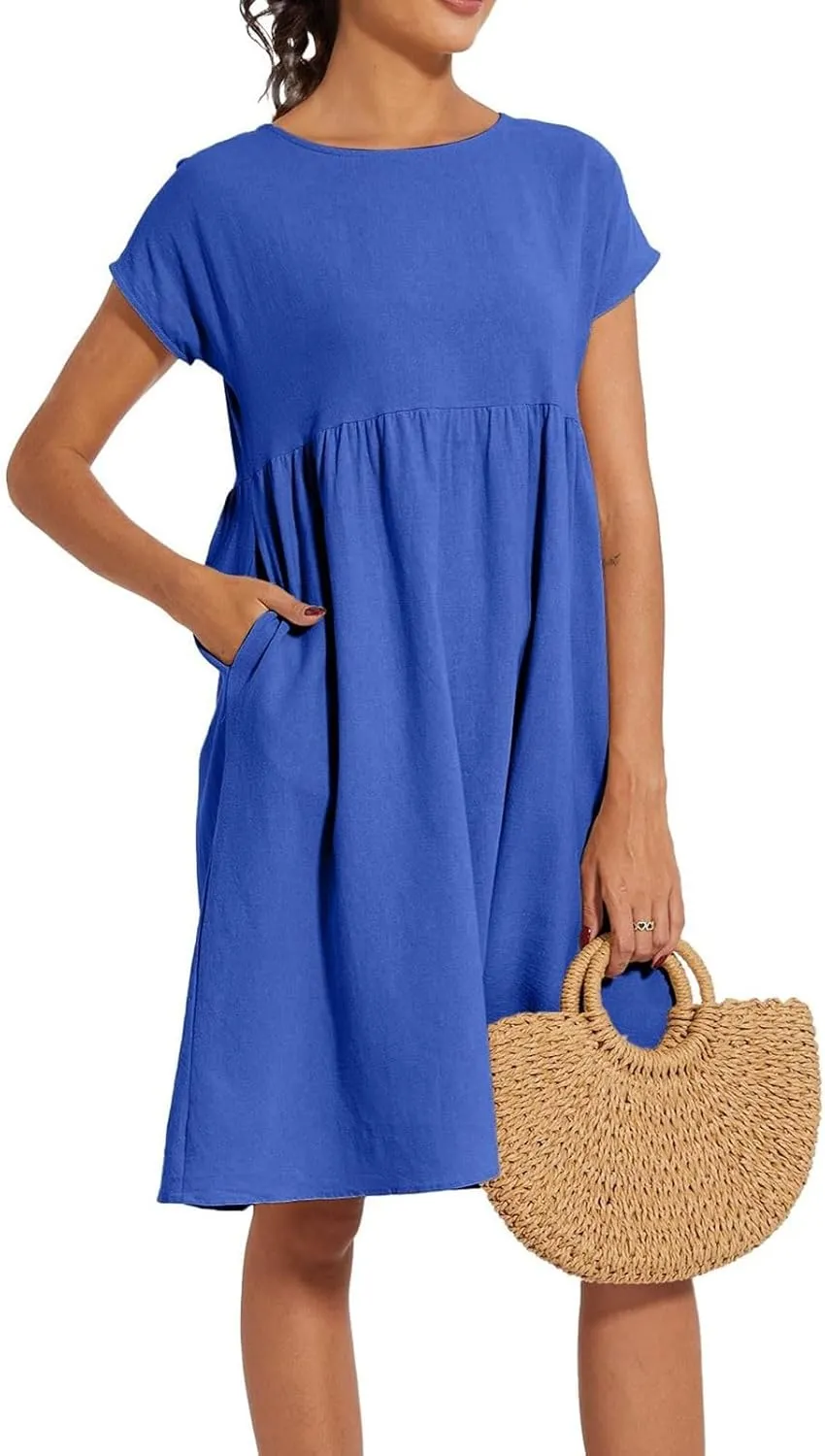 Women's Summer A-Line Dress Plus Size Crew Neck Casual Comfy Cotton Short Sleeve Dresses with Pockets Vacation Outfits