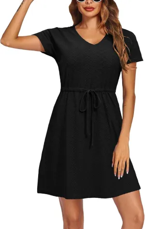 Womens Summer A-Line Dress V-Neck Sundress Mini Short Sleeve Dresses Flowy Beach Swing Dress Vacation Travel Outfits