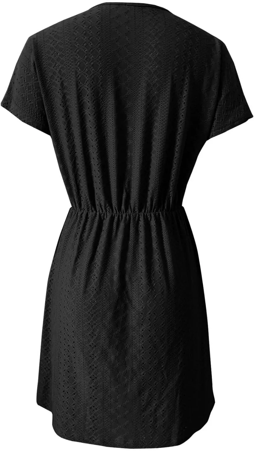Womens Summer A-Line Dress V-Neck Sundress Mini Short Sleeve Dresses Flowy Beach Swing Dress Vacation Travel Outfits