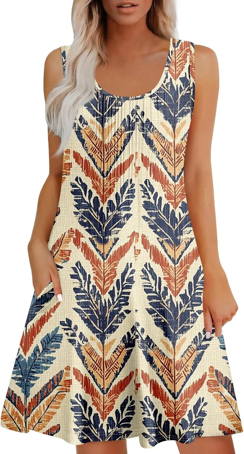 Womens Summer Dresses Casual Beach Vacation Sleeveless Tank Sundresses Boho Hawaiian Dress with Pockets