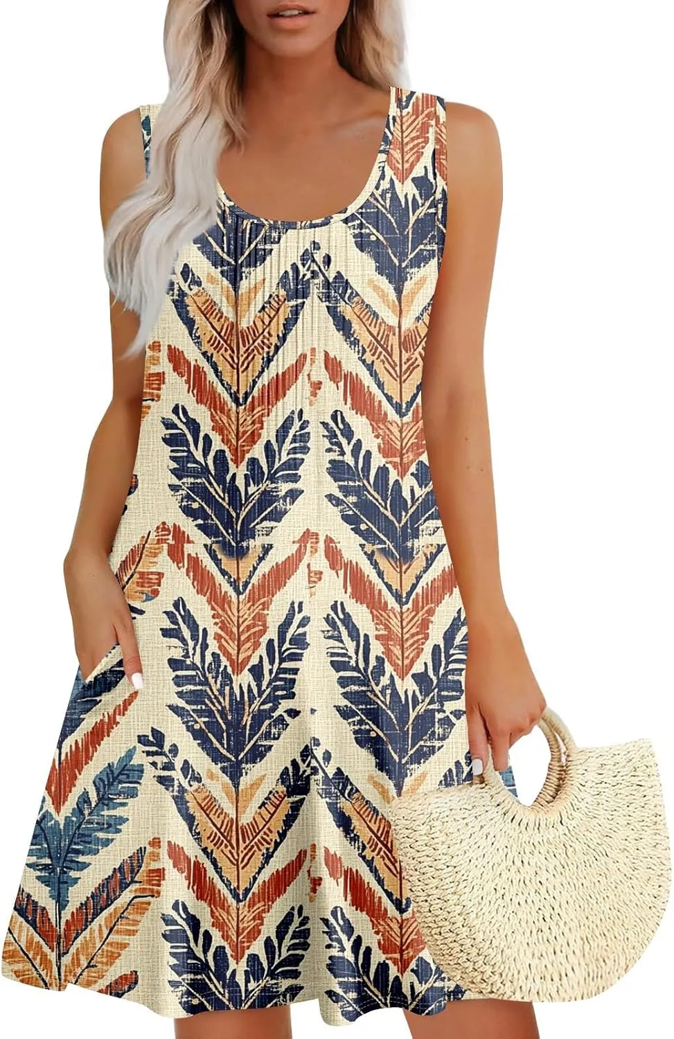 Womens Summer Dresses Casual Beach Vacation Sleeveless Tank Sundresses Boho Hawaiian Dress with Pockets