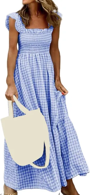 Womens Summer Dresses Casual Retro Plaid Smocked Dress Ruffled Spaghetti Strap Maxi Dress Flowy A Line Beach Dresses