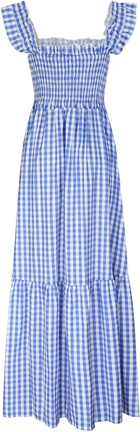 Womens Summer Dresses Casual Retro Plaid Smocked Dress Ruffled Spaghetti Strap Maxi Dress Flowy A Line Beach Dresses