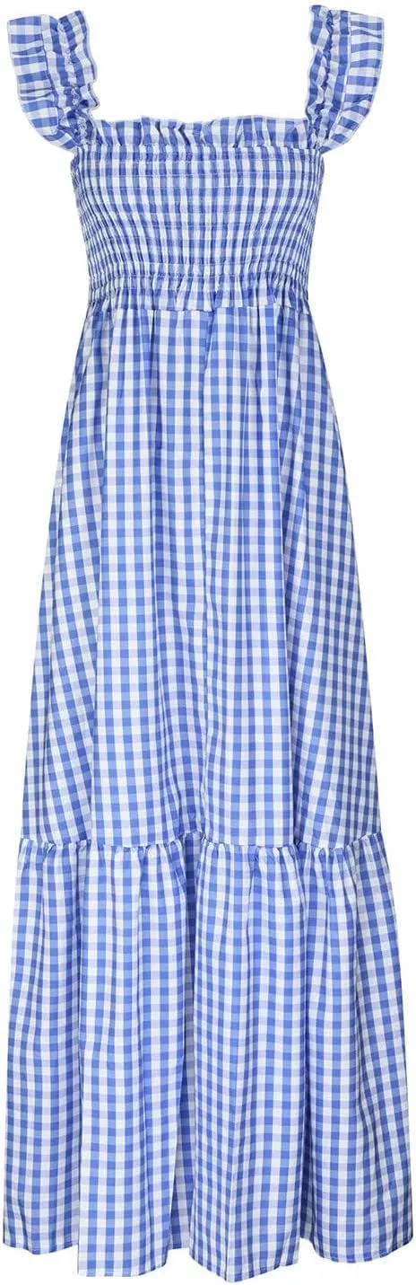 Womens Summer Dresses Casual Retro Plaid Smocked Dress Ruffled Spaghetti Strap Maxi Dress Flowy A Line Beach Dresses