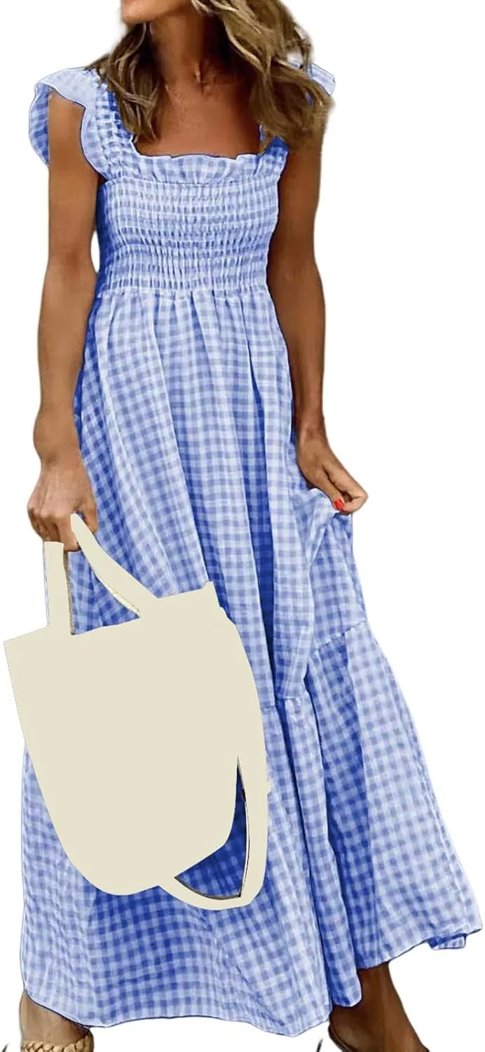 Womens Summer Dresses Casual Retro Plaid Smocked Dress Ruffled Spaghetti Strap Maxi Dress Flowy A Line Beach Dresses