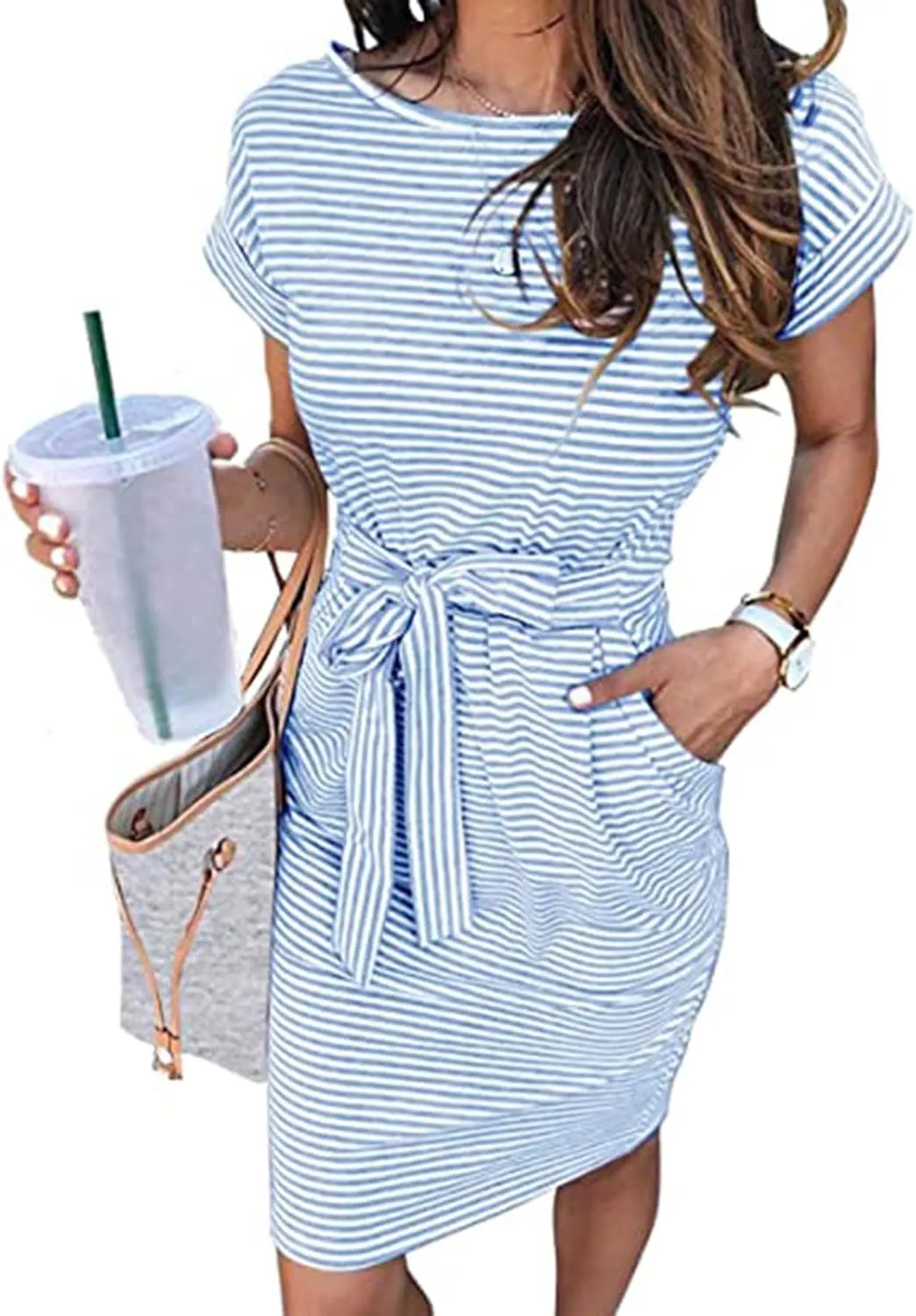 Womens Summer Dresses Casual Sleeveless Striped Crew Neck T Shirt Tie Waist Fitted Sheath Dress Party Trendy Pockets