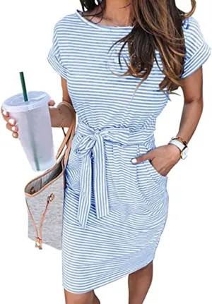 Womens Summer Dresses Casual Sleeveless Striped Crew Neck T Shirt Tie Waist Fitted Sheath Dress Party Trendy Pockets