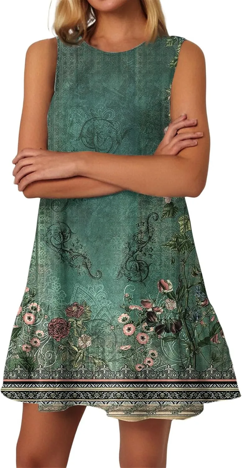Womens Summer Dresses Casual Sleeveless Tank Dress Business Ruffle Hem Crewneck Trendy Mini Dresses