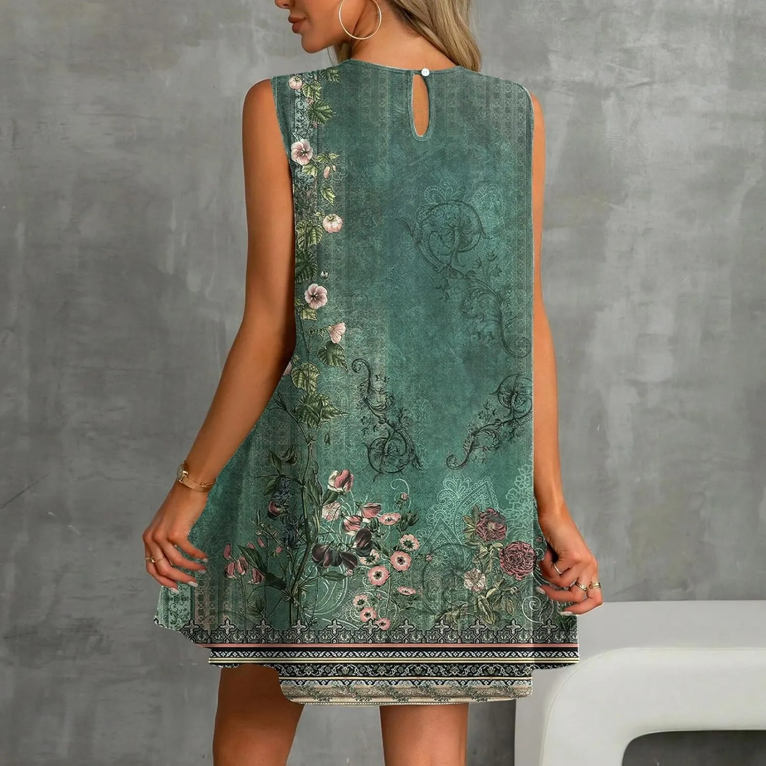 Womens Summer Dresses Casual Sleeveless Tank Dress Business Ruffle Hem Crewneck Trendy Mini Dresses