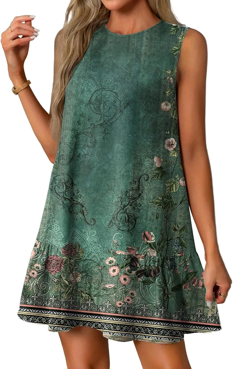 Womens Summer Dresses Casual Sleeveless Tank Dress Business Ruffle Hem Crewneck Trendy Mini Dresses