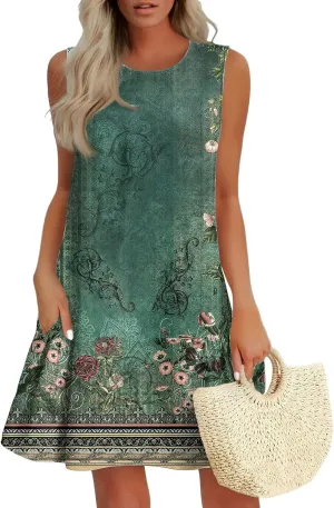 Womens Summer Dresses Casual Sleeveless Tank Dress Business Ruffle Hem Crewneck Trendy Mini Dresses