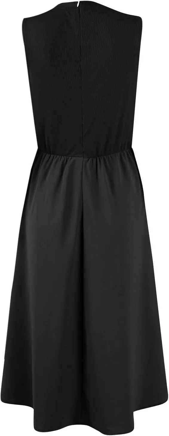Womens Summer Dresses Casual Sundresses High Waist Midi Dresses Tank Sleeveless Wrap Dress A Line Dress with Pockets