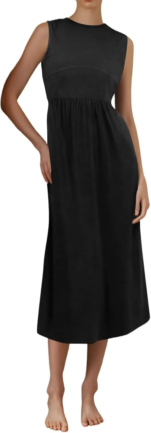 Womens Summer Dresses Casual Sundresses High Waist Midi Dresses Tank Sleeveless Wrap Dress A Line Dress with Pockets